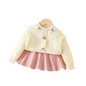 Ensemble de vêtements décontractés pour filles, style coréen occidental, motif uni, <span class=keywords><strong>pull</strong></span> en tricot, jupe, col en dentelle à fleurs, cardigan, haut coloré - Product Image 5