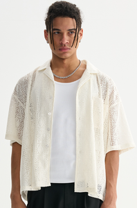 透け感のあるサテンボタンシャツ、リラックスフィット、折り返し襟、カジュアルレース、半袖、カスタムニット、速乾性、メンズ、高品質 - Product Image 2