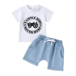 Roupa de verão para meninos, conjunto de shorts verdes para trator de fazenda, roupas infantis, conjunto boutique para meninos