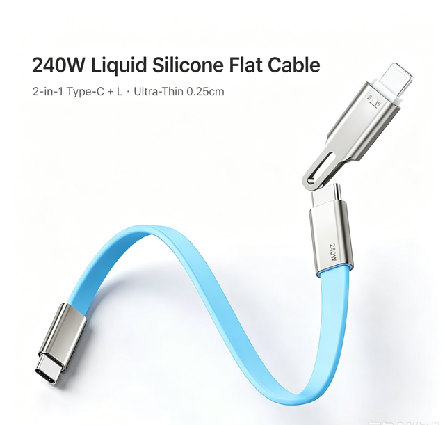 240W 2-in-1 USB-C to Type-C 8PIN Fast Charging Data Cable PD3.1 E-Marker Liquid Silicone Flat Cord 1.2M 1.5M OEM