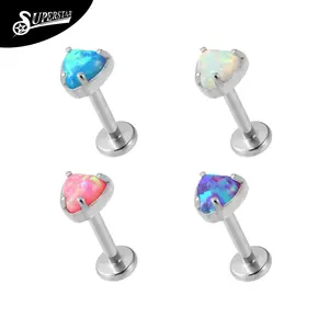 Fashion kustom Superstar ASTM F136 pengaturan prong titanium perhiasan tindik tubuh kancing bibir opal berbentuk hati tanpa benang labret