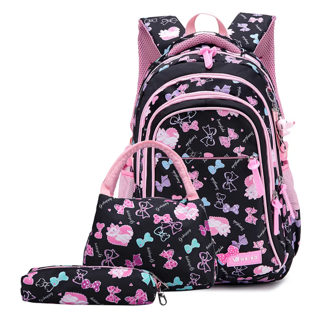 Conjunto mochila infantil de borboleta para meninas, conjunto de bolsa para escola primária com estojo para almoço e lápis para crianças