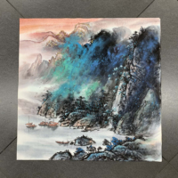 Décoration Murale Carrée Personnalisable : Art Paysager Chinois sur Papier Xuan Peint à la Main, Cadre de Luxe, Couleurs Vives Effet Éclaboussures (Shanshui)