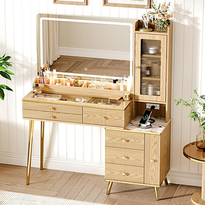 Coiffeuse compacte de 48 pouces avec miroir éclairé, 7 tiroirs, étagère ouverte, support pour sèche-cheveux pour la chambre à coucher - Product Image 1