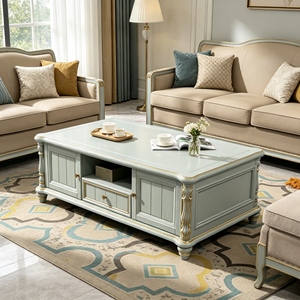 Luxury Gold Carved Solid Wood <b>Coffee</b> <b>Table</b>, 2 Cabinet 1 Drawer Turned <b>Leg</b> Storage Cocktail <b>Table</b> <b>For</b> Farmhouse Living Room - Product Image 1