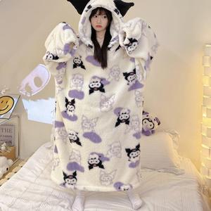 Mùa đông nóng bán dễ thương ấm cúng quá khổ trùm đầu mặc đồ ngủ Chăn với Hoodies lông cừu flannel áo choàng Phụ Nữ Nhà quần áo - Product Image 4