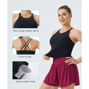 Women's <b>Cross</b> Back Sports Bra Halter Neck Workout Crop Tank <b>Tops</b> With Removable Pads Yoga Fitness Running Spandex Polyester - Product Image 2