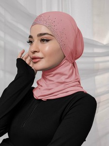 Rhinestone Embellished <b>Tie</b> <b>Back</b> Hijab Cap Crystal Linen Simple Headscarf Hat Ethnic Style Headwear Instant Hijab Caps - Product Image 2