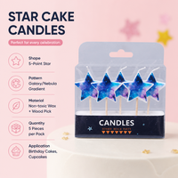 Bougies d'anniversaire en forme d'étoile à motif galaxie, 5 pièces, en cire non toxique, sur pique en bois, thème espace cosmique, pour décoration de gâteaux, cupcakes et desserts