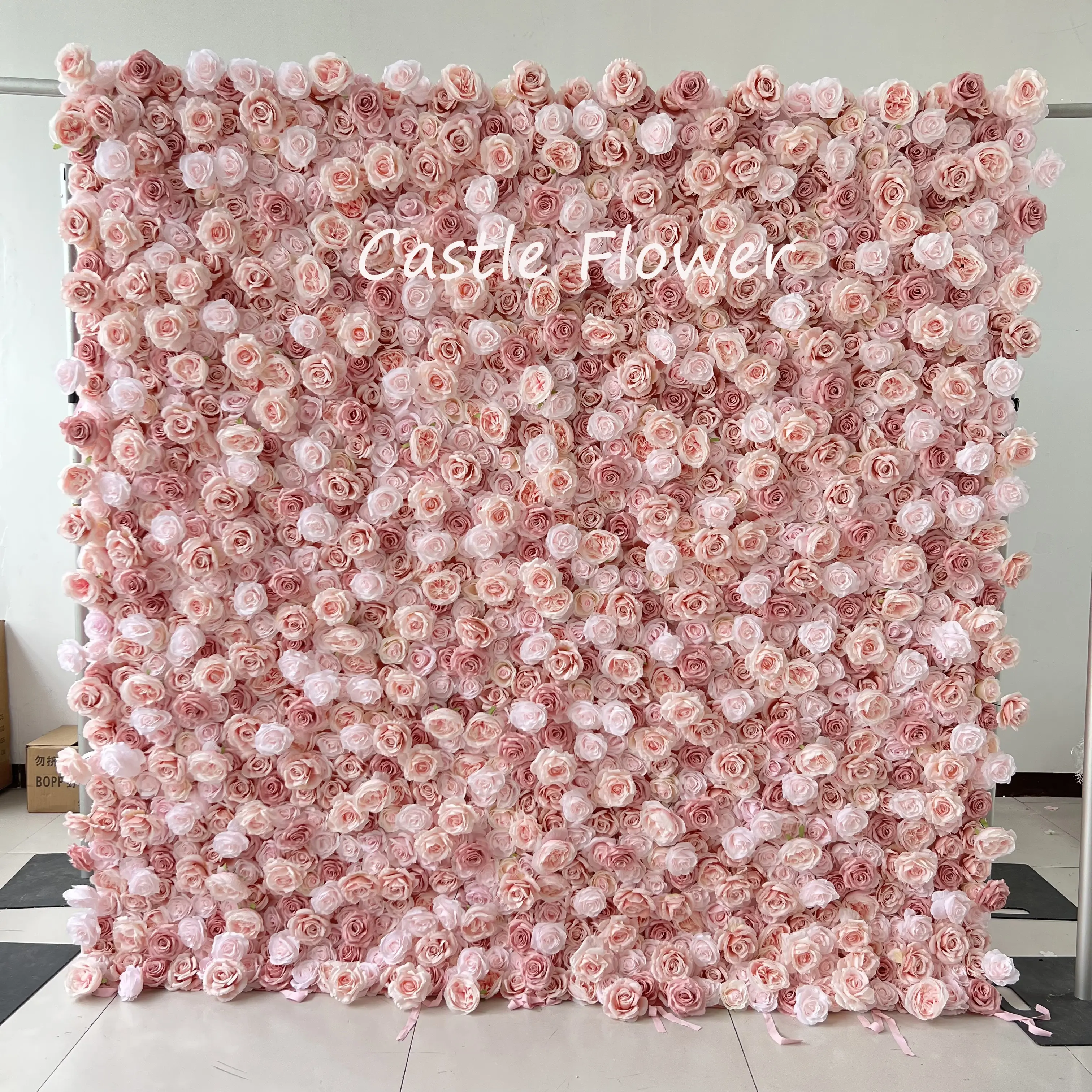 O-W042 Wholesale Price Roll Up Fabric Pink Flower Wall Backdrop 8ft x 8ft Rose Hydrangea Silk Flower Wall Panels for Wedding