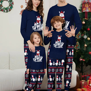 Pijamas Navideños Térmicos de Manga Larga con Estampado de Oso Polar Azul Personalizados para Mujer, Cierre de Cintura Elástica Familiar, Tejido de Punto - Product Image 2