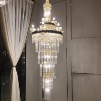Lustre moderne de luxe en fer et cristal pour escalier, design cascade à plusieurs niveaux, accents dorés, lumière LED blanc chaud, garantie 2 ans