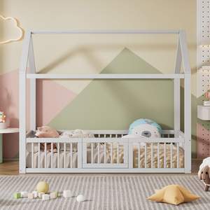 Maison d'arbre pour enfants <span class=keywords><strong>Lit</strong></span> en bois simple pour enfants 90X200 cm Base à latte blanche avec barrière de garde-robe et marches Cabine pour enfants - Product Image 3