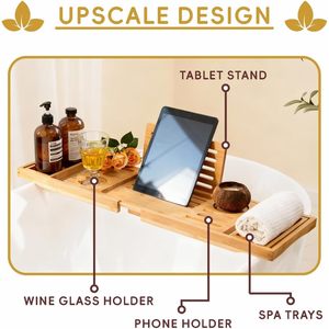 Estante de madera para bañera, bandeja plegable de bambú, soporte para teléfono móvil y tableta, multifuncional para baño - Product Image 3