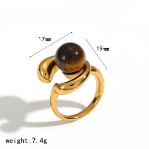 Geometric <b>Gold</b> Tone <b>Ring</b> And Earrings <b>Set</b> With Pearl And Amber Inlay Stainless Steel Jewelry Gift For Women - Product Image 5