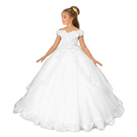 Robe de bal de princesse transfrontalière pour enfants, jaune à dentelle florale, col épaules dénudées, pour anniversaire, scène, présentatrice, défilé