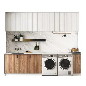 Luxury Laundry Room Cabinet Featured V-Groove Handleless White and Wooden Fronts