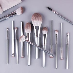 Private Label Luxury High Quality 14-Piece Silver Makeup Brush Set for Face Eye Concealer Foundation Synthetic <strong>Fibre</strong> Wood Handle - Product Image 4
