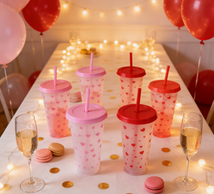 Gobelet réutilisable rose en forme de cœur pour la Saint-Valentin avec couvercle et paille – Cadeau idéal pour meilleure amie, voyage, fête – Tasse en plastique - Product Image 2