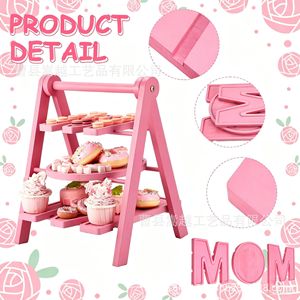 ชั้นวางขนมหวานไม้ 3 ชั้น สีชมพู ใช้ซ้ำได้ สำหรับตกแต่งโต๊ะงานวันแม่ - Product Image 4