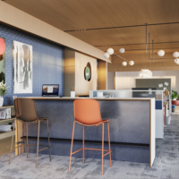 Table de bar moderne pour bureau à domicile avec prise électrique dissimulée, étagère de rangement ouverte, comptoir de réception pour espace personnel, bureau en bois surélevé