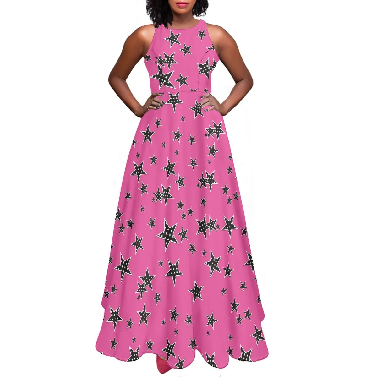 Deep Pink Schwarz-Weiß Dot Star Design Ärmellose Röcke OEM Manufaktur Bestseller Custom Damen kleider Mode Damen kleid