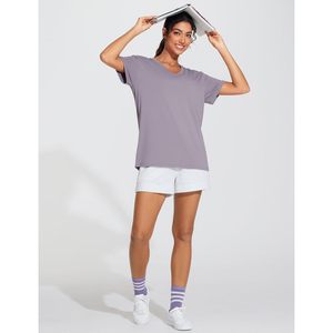 Camiseta de Manga Corta para Mujer, Cuello en V, Corte Holgado, Transpirable, de Poliéster Jersey, Informal, para Entrenamiento, Top Básico de Verano - Product Image 6