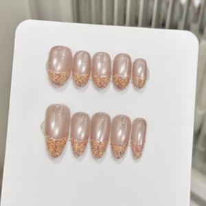 ArtWo Original Golden Years Advanced Handmade Phototherapy Armor 10pcs Nail Pink Cat's Eye Aurora French Simple Design Resin - Product Image 1