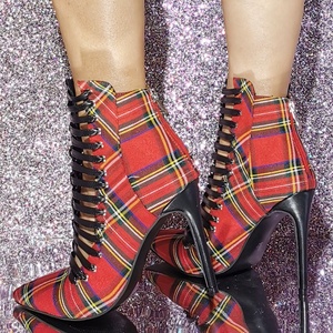 Retro Red Plaid Women Front Cut Out Sandals Big Size 47 High Heels Shoes Summer Short Boots Big Feet Ankle <b>Booties</b> - Product Image 4
