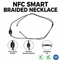 Cordon minimaliste à tresse fine réglable, noir jais, avec perles segmentées, à broches cannelées, intégrant une puce NFC NTAG216, pour identification