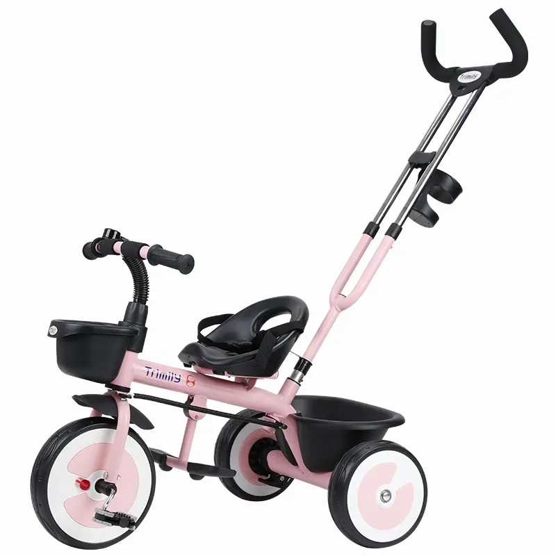 T305 Kid Quatro Rodas Ajustável e Destacável Push Handle Criança Triciclo com Ajuste do Assento e Cinto de Segurança-Pedais Desportivos