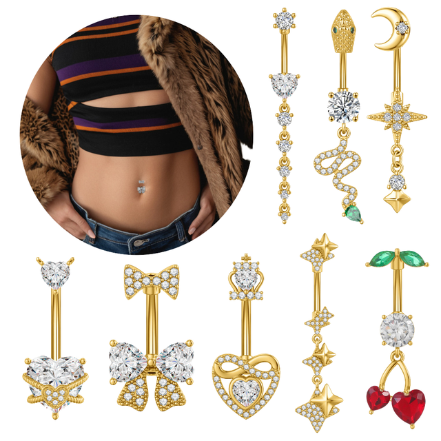 Surgical Steel Belly Rings Cherry Snake Design CZ  Navel Piercing Jewelry Stainless Steel Hot Selling Body Piercing Jewelry