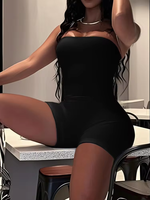 Combinaison Courte Moulante Noire Grande Taille pour Femme, Dos Nu à Lacets, Sans Bretelles, Sexy, pour Soirée et Club, Vente en Gros Personnalisée