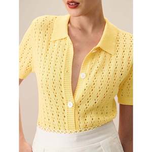 Cardigan court à col ouvert en tricot ajouré jaune pour femme, idéal pour l'été - Product Image 4