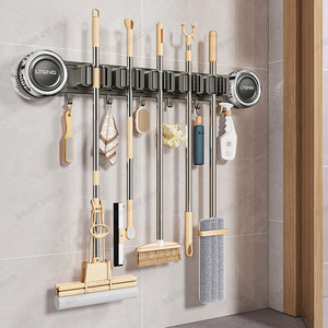 Blue Vine Suction Cup <b>Mop</b> Clip <b>Wall</b> Mounted Chrome Finish Multifunction Storage Rack For Bathroom Broom And Cleaning Tools - Product Image 2