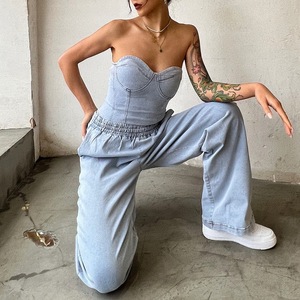 <span class=keywords><strong>Jean</strong></span> à jambe droite pour femme, ensemble de <span class=keywords><strong>Top</strong></span> et pantalon en <span class=keywords><strong>Jean</strong></span> bleu, sans déchirure, collection printemps 2023 - Product Image 4