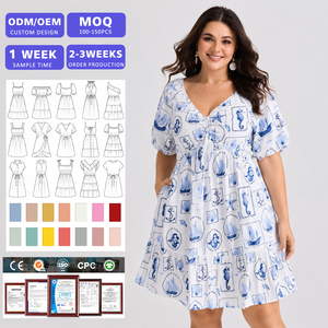 Vestido Mini con Estampado Náutico de Talla Grande, Cuello en V, Escote con Lazo, Manga Abullonada, Vestido Casual de Verano para Mujeres Curvilíneas - Product Image 1