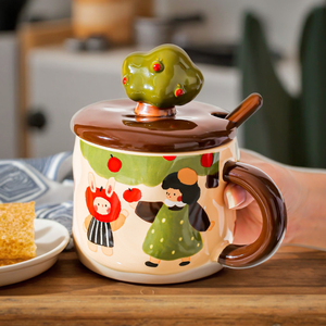 Taza de Cerámica Hecha a Mano con Diseño de Árbol de Manzana, con Tapa y Cuchara, de Alta Calidad, Reutilizable, en Caja de Regalo, para Café y <span class=keywords><strong>Desayuno</strong></span> - Product Image 4