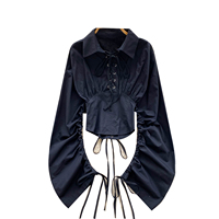 Chemisier court à col et lacets pour femme, manches longues, taille cintrée, style décontracté et élégant pour l'automne