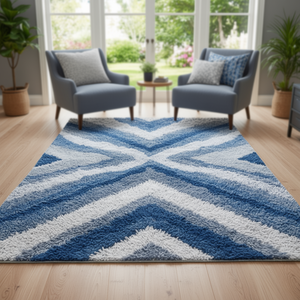 Tapis d'intérieur moderne en peluche épais bleu, blanc et gris, 8 x 10 pieds, à poils longs - Product Image 2