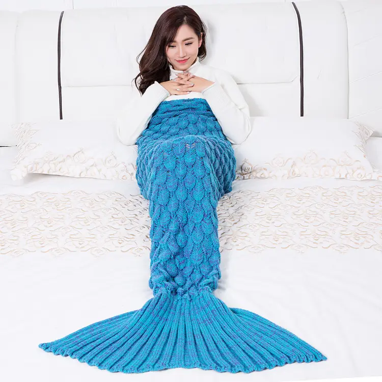 Birthday Gift 100% Acrylic Faux Cashmere Scale Knitted Adults Blanket,Kids Snuggle Mermaid Tail Blankets#