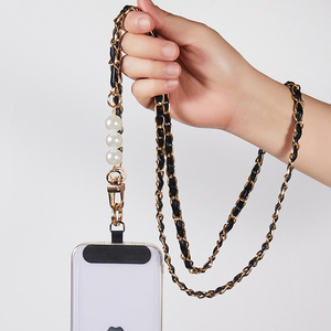 Sangle de téléphone élégante <span class=keywords><strong>en</strong></span> cuir PU tressé avec chaîne métallique perlée de luxe de 120 cm, <span class=keywords><strong>collier</strong></span> <span class=keywords><strong>pour</strong></span> coque de téléphone et sac - Product Image 1