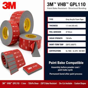 Nastro <span class=keywords><strong>Biadesivo</strong></span> <span class=keywords><strong>in</strong></span> Schiuma Acrilica Grigia 3M VHB GPL110, Tagliato a Caldo, 1.1mm, Certificato UL, per Rinforzo di Involucri di Apparecchiature - Product Image 4