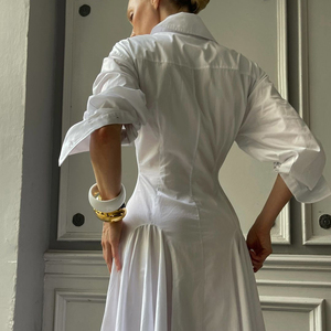 <span class=keywords><strong>Elegante</strong></span> <span class=keywords><strong>Abito</strong></span> Lungo Estivo-Autunnale con Bottoni, Casual ed <span class=keywords><strong>Elegante</strong></span>, in <span class=keywords><strong>Cotone</strong></span> Bianco Plissettato per Donne - Product Image 3