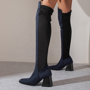 Big Size 48 Low Chunky Heels Women Stretch Long Boots Patchwork Suede Square Toe Wide Leg Over Knee Booties on <b>Shoes</b> - Product Image 3