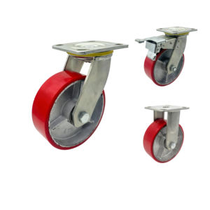 Rodízios Giratórios de Ferro Pesado com Rolamento Duplo de 6 Polegadas, Núcleo de Ferro, PU Vermelho, com Freio Total e Revestimento Zincado - Product Image 1
