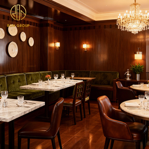 Table carrée vintage américaine en pierre frittée, chaise de café en cuir, banquette en velours avec structure en bois, mobilier de restaurant - Product Image 5