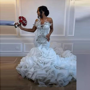<span class=keywords><strong>Vestido</strong></span> de Novia Personalizado Estilo Sirena con Apliques de Cristales Africanos Brillantes, Largo hasta el Suelo, con Cordones, Organza y Volantes en Cascada, Estilo Aso Ebi - Product Image 2