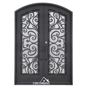 Porte extérieure double en <span class=keywords><strong>fer</strong></span> <span class=keywords><strong>forgé</strong></span> et verre de luxe avec dessus arqué pour entrée de villa - Product Image 5