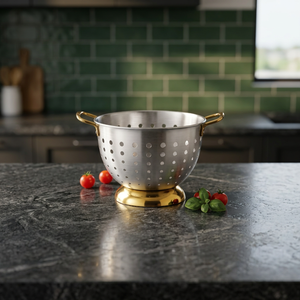Passoire de cuisine en acier inoxydable City Colander avec poignée dorée, bol de service perforé pour pâtes, légumes et fruits - Product Image 3